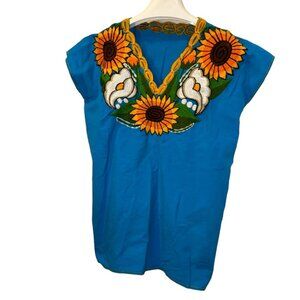 Floral Summer VIntage blue Embroidered SUNFLOWERS tunic top L